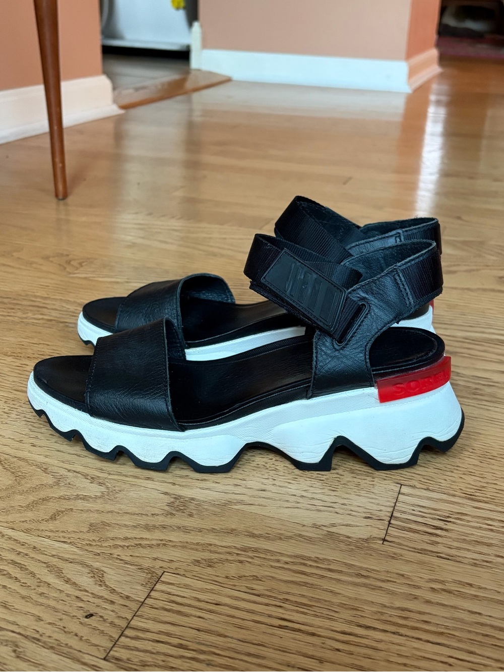 Sorel Kinetic Black and White Platform Sandals - Picture 4 of 11